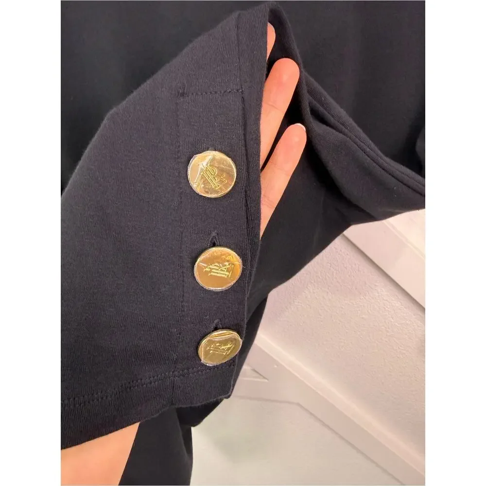 NWT Lauren Ralph Lauren Black Tunic Swim Cover Up Mini Dress Gold Buttons Large
